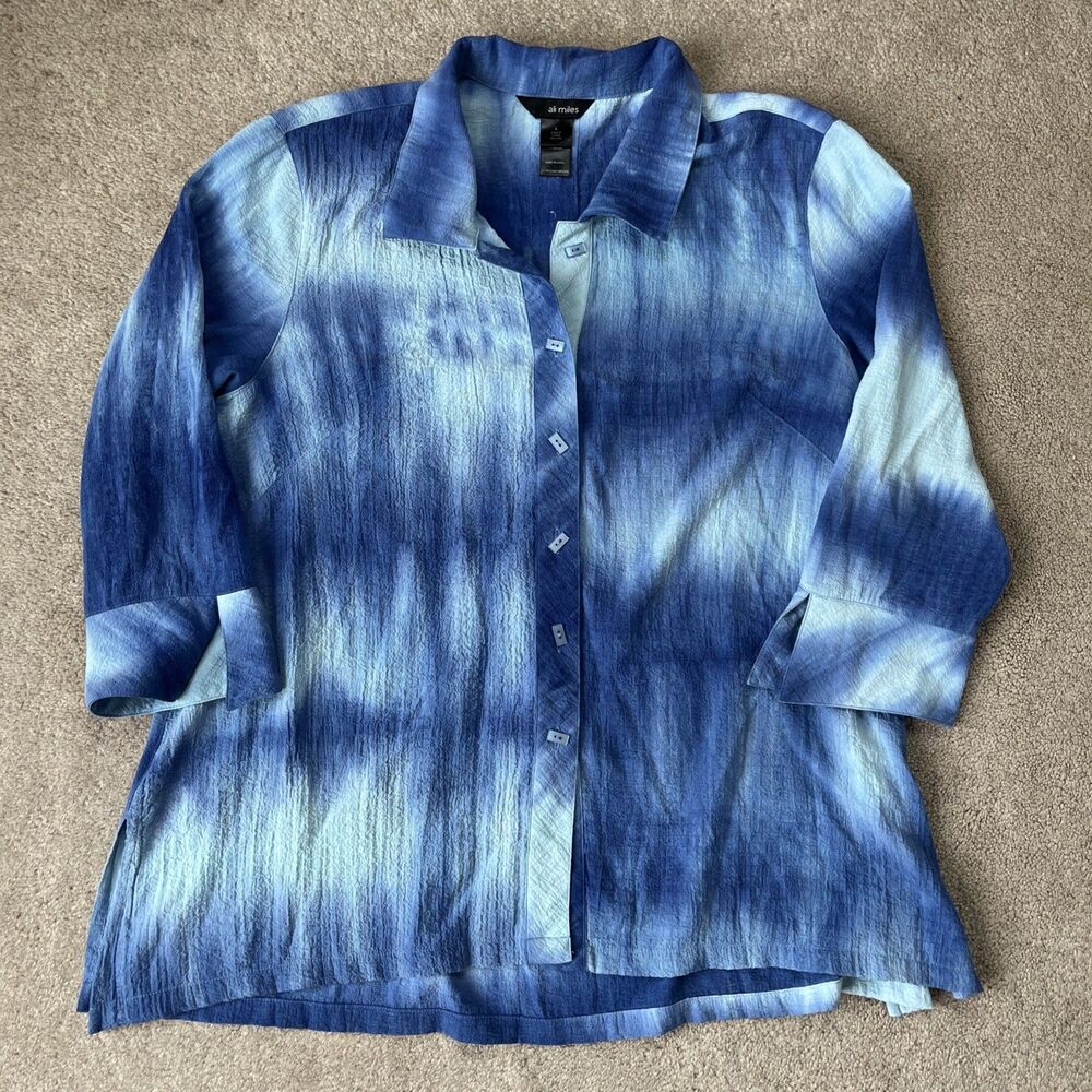 Ali Miles Button Up Shirt Womens Large Blue Crinkle Tie Dye Boho Artsy Lagenlook